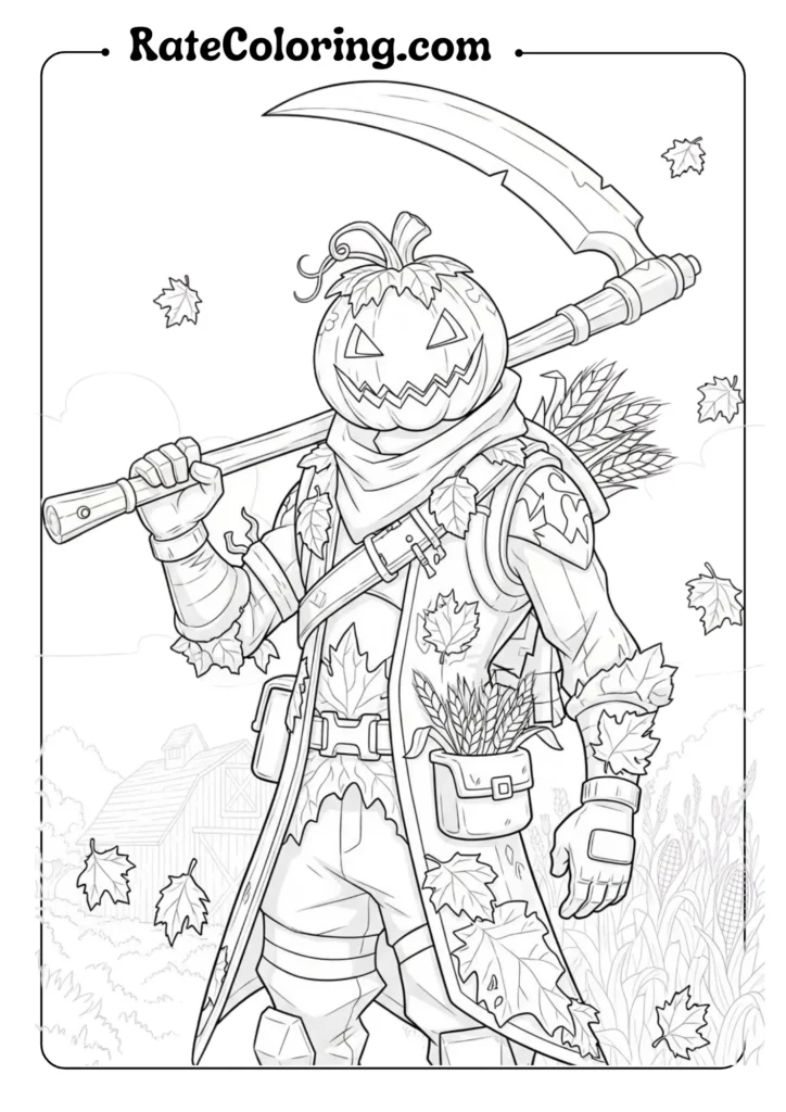 Fortnite coloring page featuring a pumpkin and a scythe, perfect for fans to unleash their creativity.