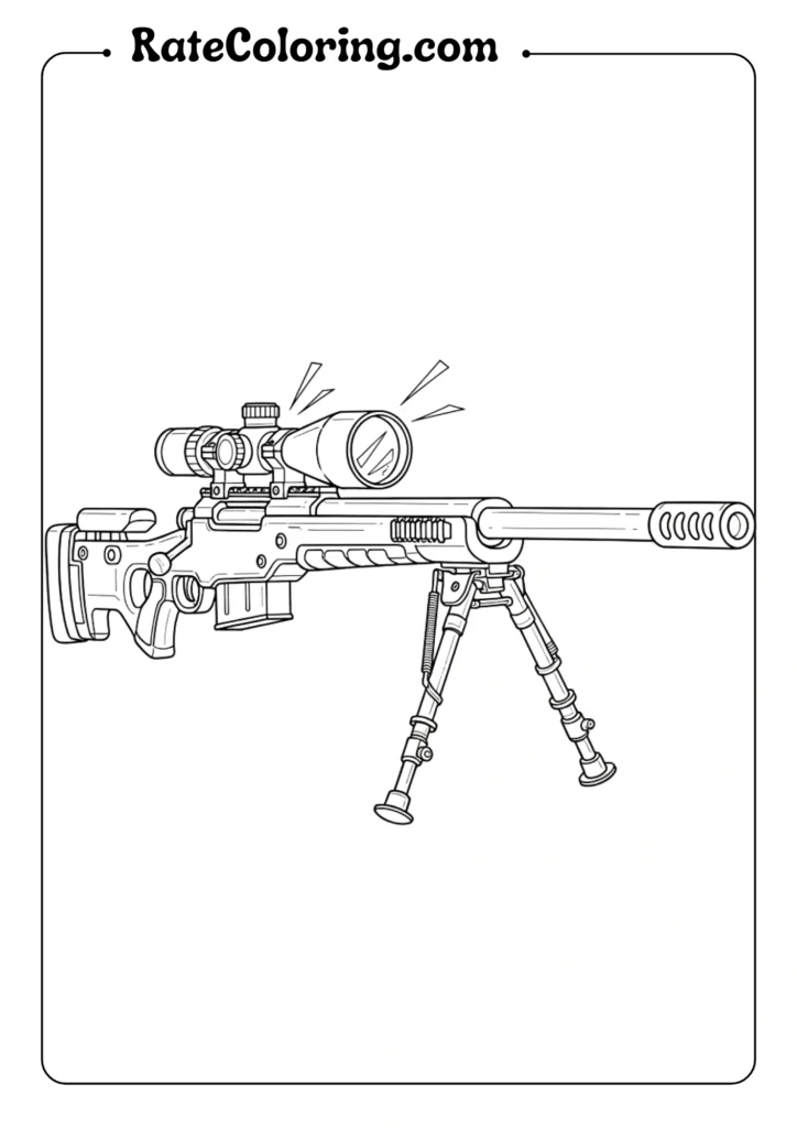 A coloring page of a rifle with a scope, designed in the playful style of Fortnite for fans to color.