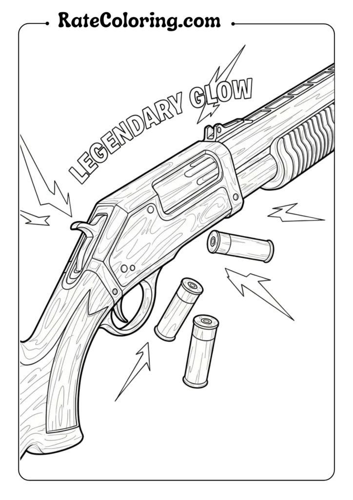 A coloring page of a gun with "Legendary Glow" text, inspired by Fortnite's vibrant art style.