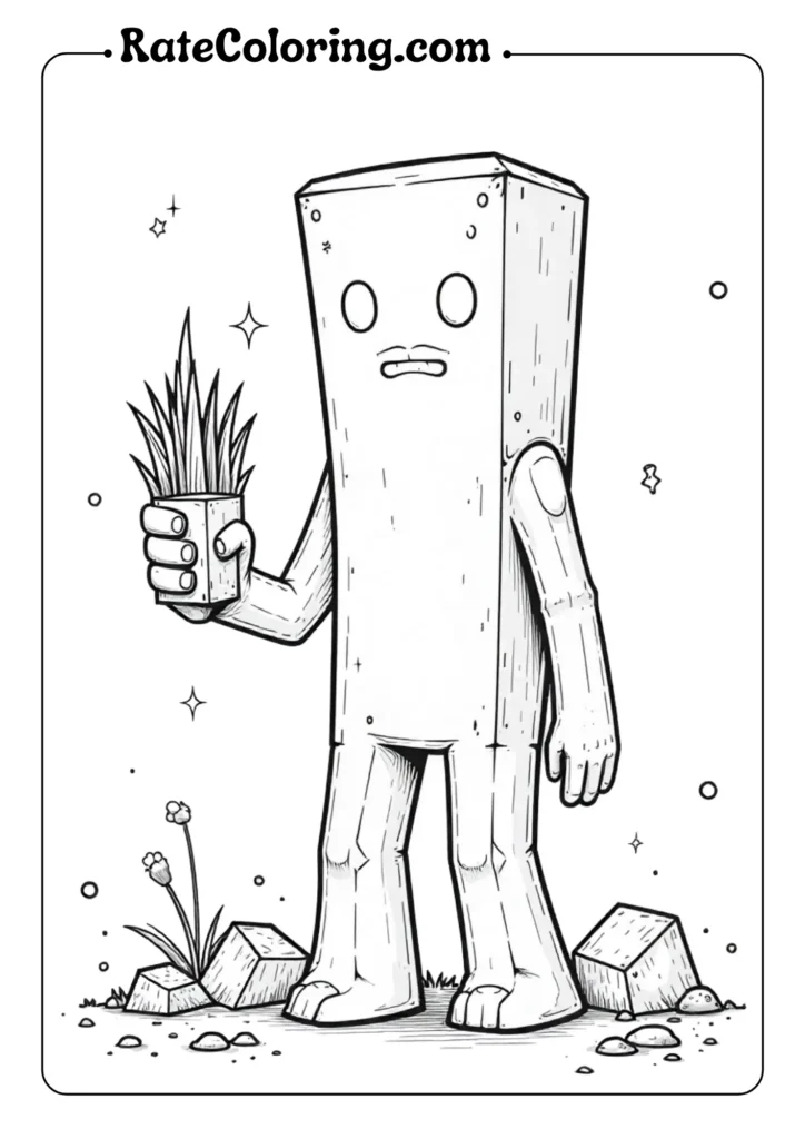 A block-shaped character with arms and legs stands holding a cup of grass, surrounded by rocks, grass, and small flowers. This outlined scene is perfect for kids who love Minecraft coloring pages.