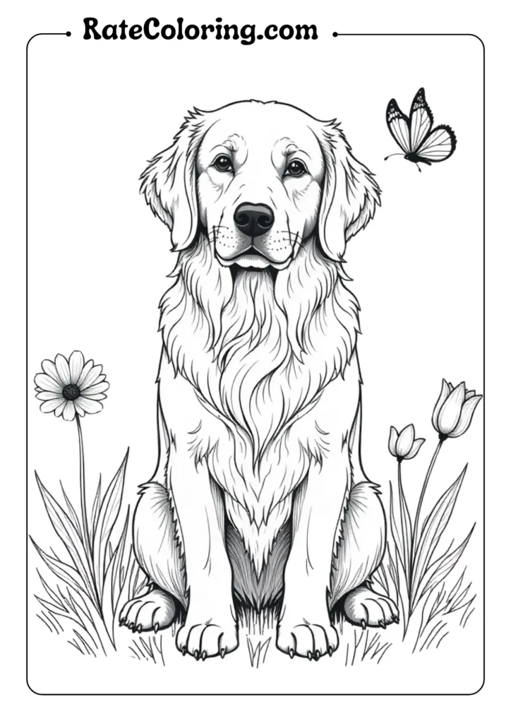 A dog coloring pages featuring a playful dog surrounded by butterflies and flowers, inviting creativity and fun.