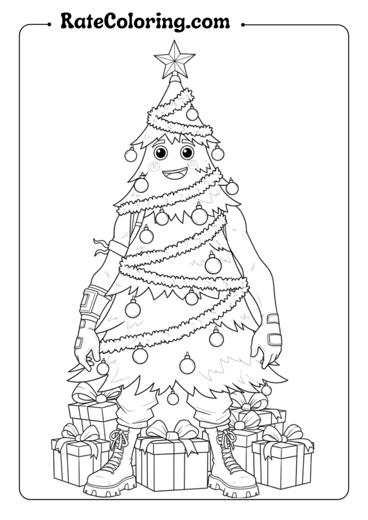 A Christmas tree coloring page featuring a Fortnite cartoon character, ready for festive creativity and fun.