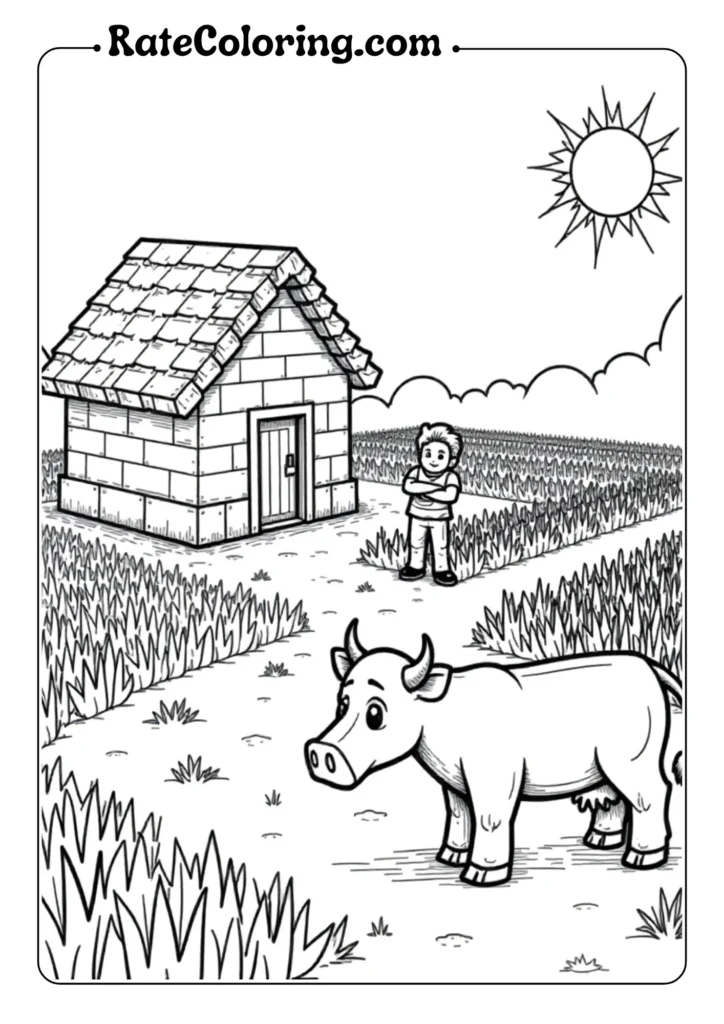Minecraft coloring pages featuring Steve with cow near house and wheat farm
