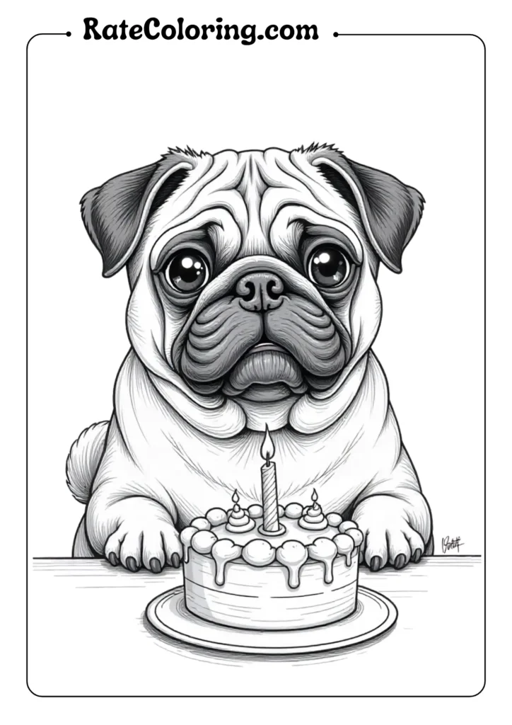 cheerful coloring page showing a pug dog at a table with a birthday cake, great for kids and dog enthusiasts
