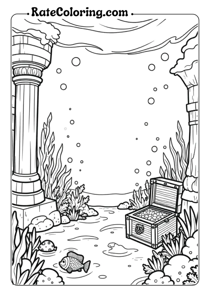 Minecraft coloring pages featuring underwater ocean monument with treasure chest and tropical fish