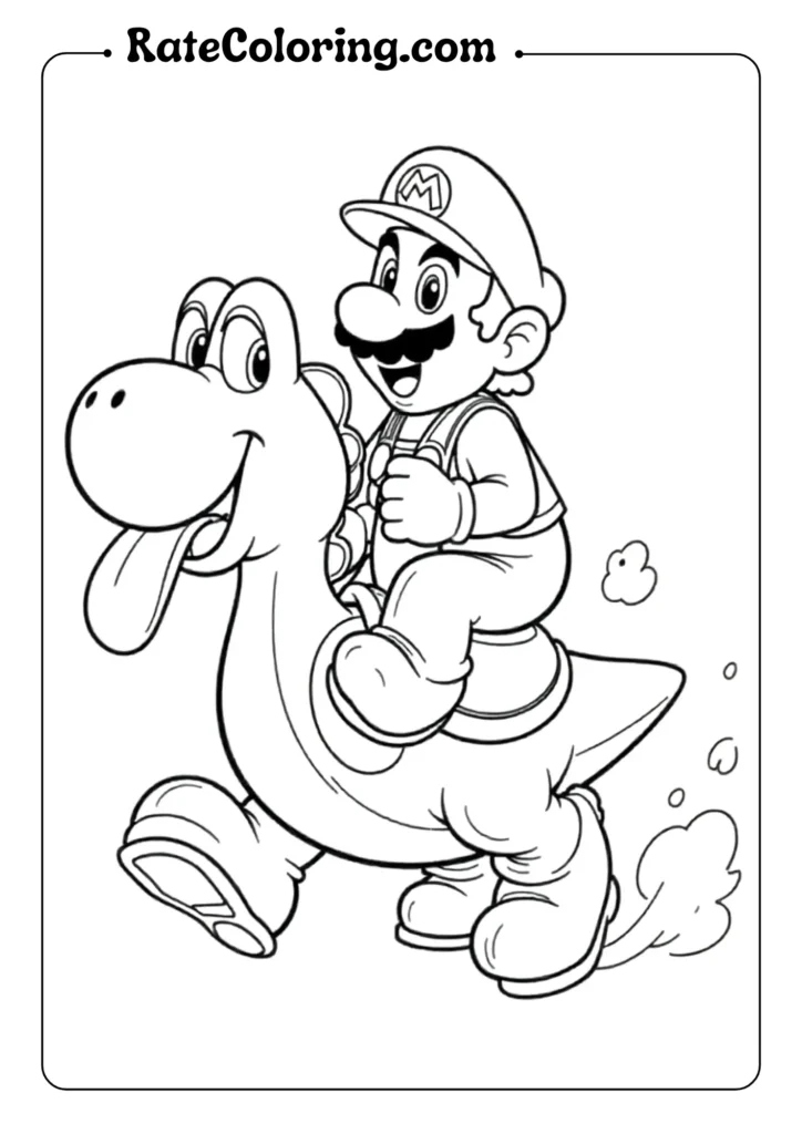 Coloring pages featuring Mario and a dinosaur, perfect for kids to unleash their creativity and imagination