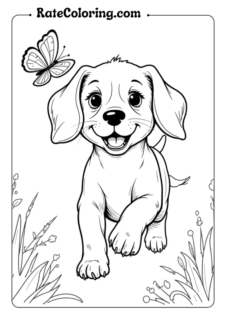 A cute dog coloring page featuring playful butterflies around it, perfect for puppy lovers and kids to color