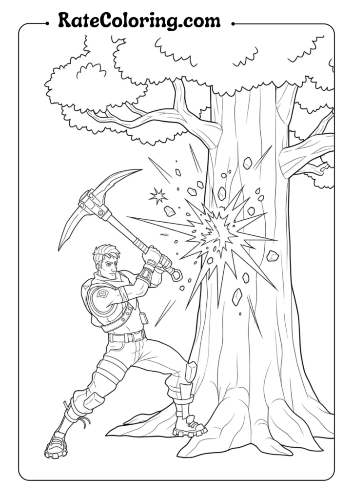 A Fortnite coloring page featuring a man chopping down a tree with an axe in a vibrant outdoor setting.