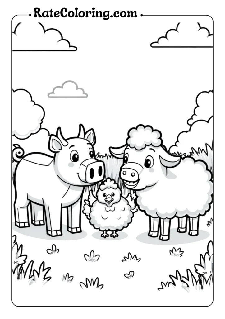 Minecraft coloring pages featuring farm animals designed for kids, inspired by Minecraft themes and characters.