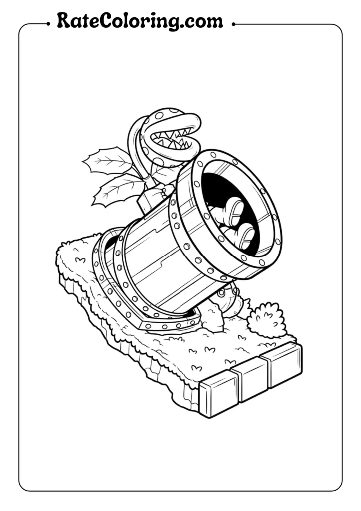 A playful cannon and a cannonball, illustrated for a Mario coloring page, inviting creativity and fun