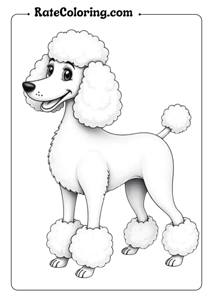 A delightful poodle coloring page showcasing a fluffy white dog, ready for colorful designs