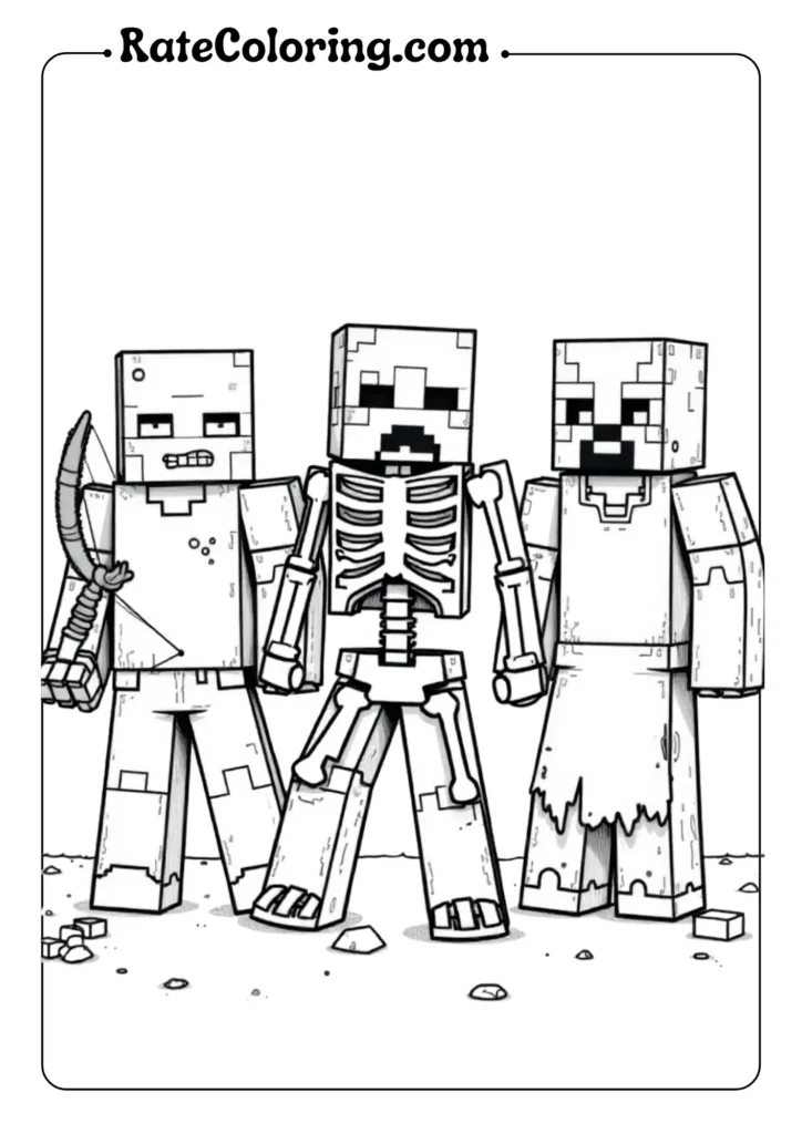 A collection of Minecraft-themed coloring pages designed for children, featuring characters and scenes from the game