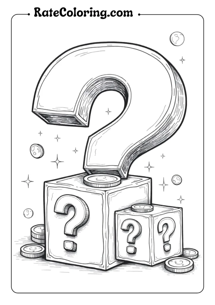 A coloring page featuring a question mark block and a pile of coins, inspired by Mario's adventures