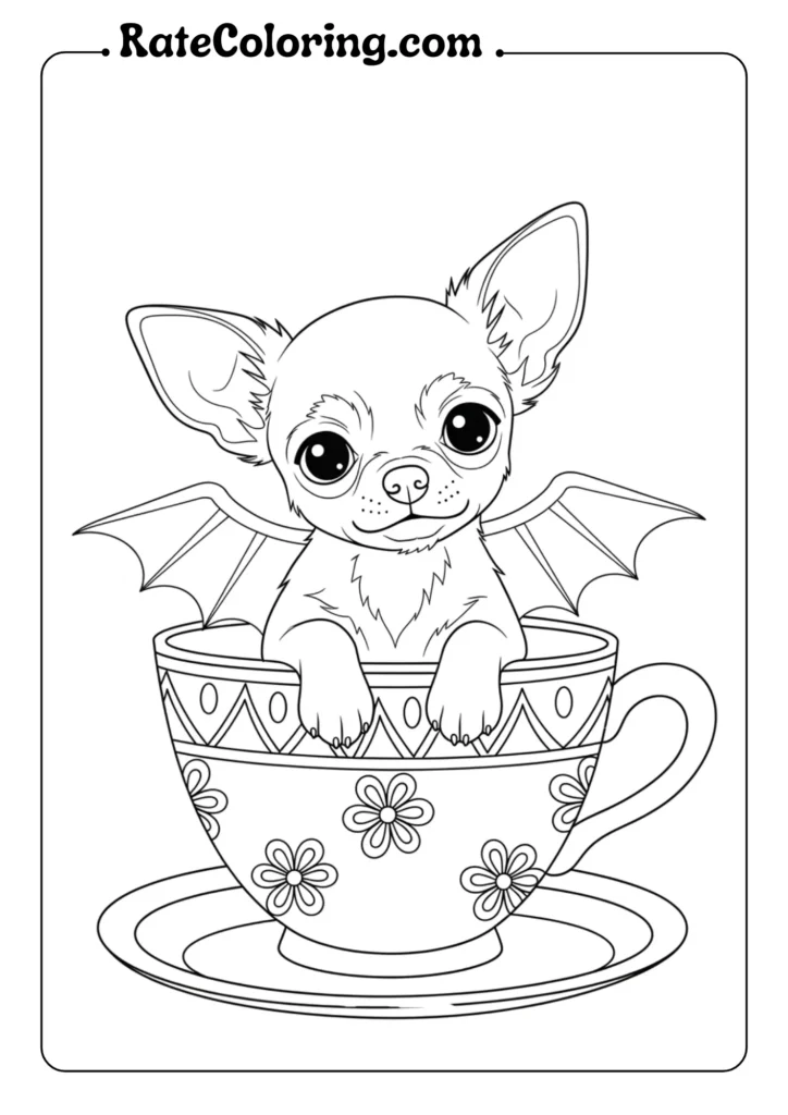 A playful chihuahua puppy nestled in a teacup, featured in a delightful coloring page for kids.