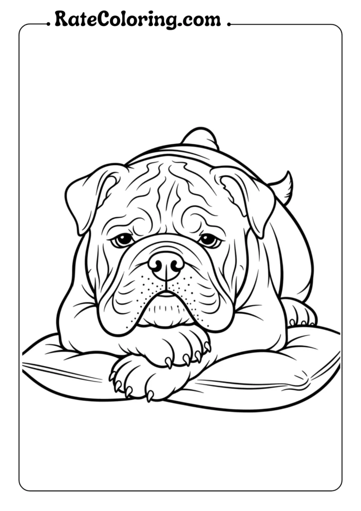 A playful bulldog coloring page shows a puppy resting on a soft pillow, inviting creativity and relaxation.
