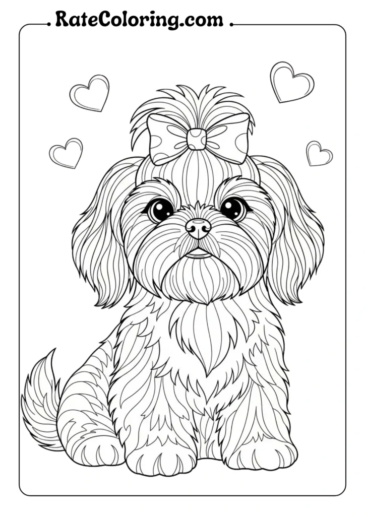 Fun puppy coloring page showcasing a cute dog with hearts, ideal for sparking imagination in young artists.