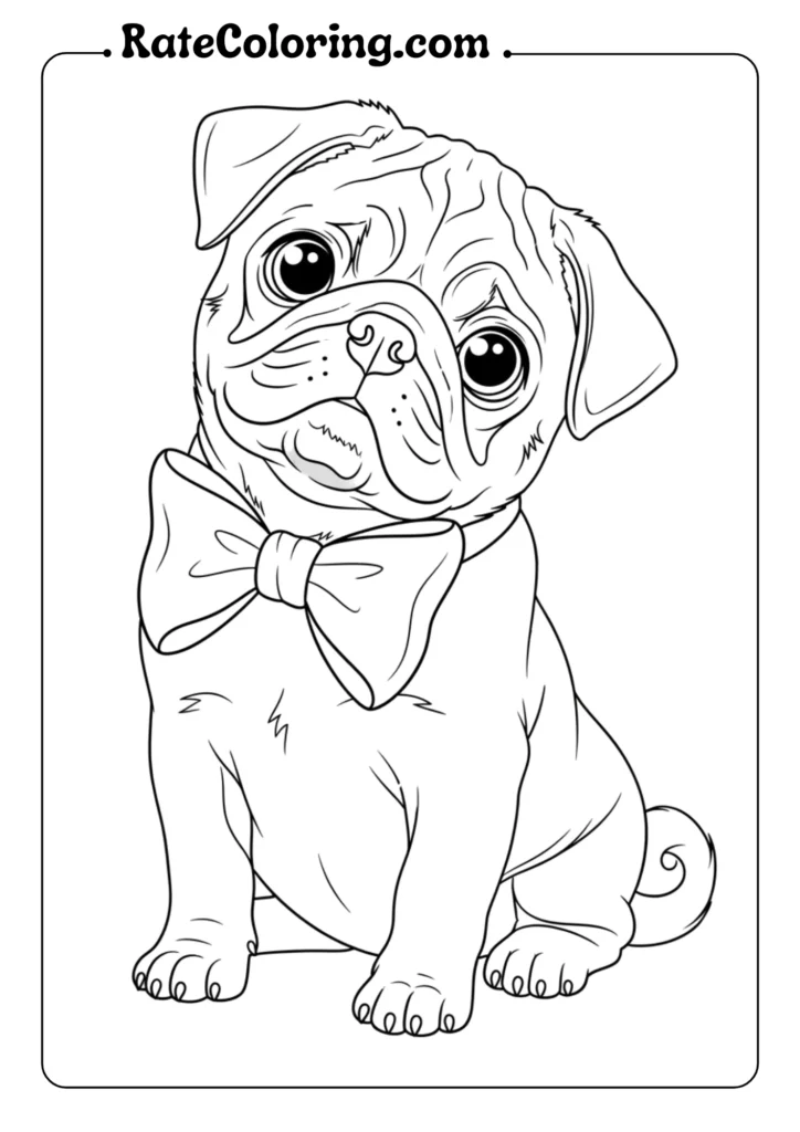 A cute coloring page featuring a pug dog wearing a bow tie, perfect for puppy lovers to color and enjoy.