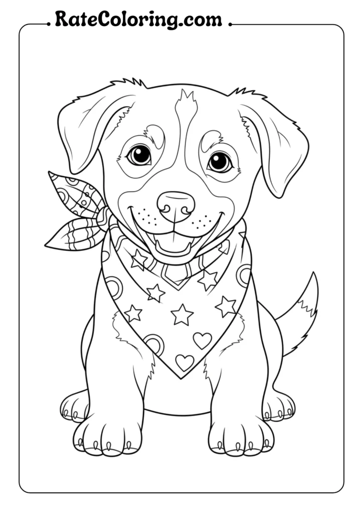 A cute puppy coloring page showing a dog with a bandana, inviting creativity and fun for all ages.