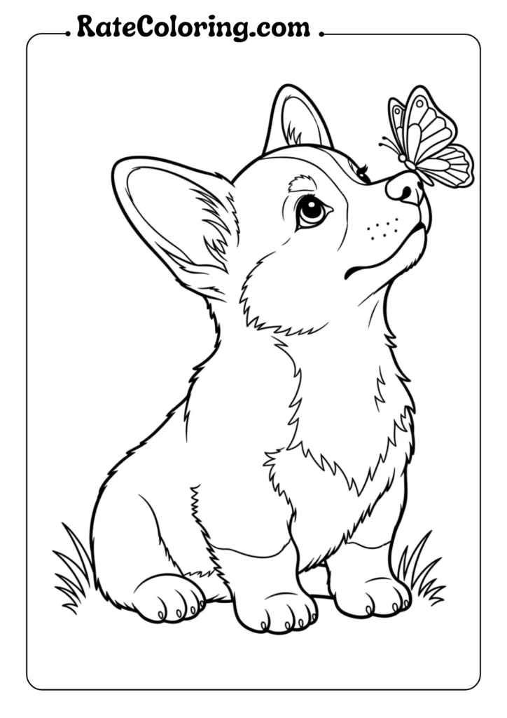 A delightful puppy coloring page showcasing an adorable puppy with butterflies for coloring fun.