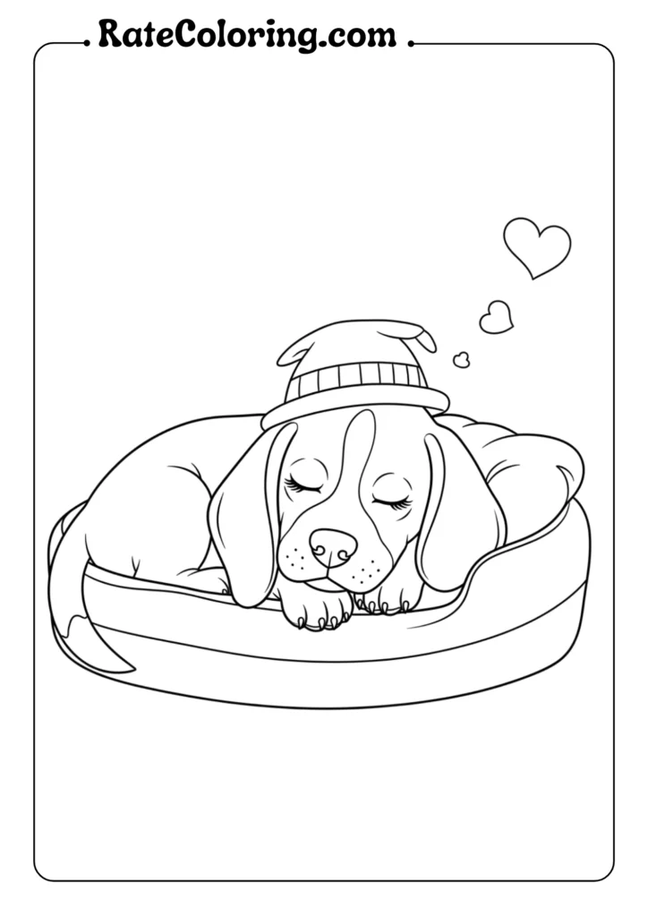 A puppy coloring page featuring a dog peacefully sleeping in a cozy bed.