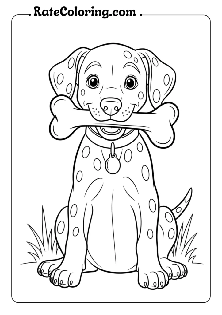 A cute puppy coloring page featuring a dog happily holding a bone in its mouth.