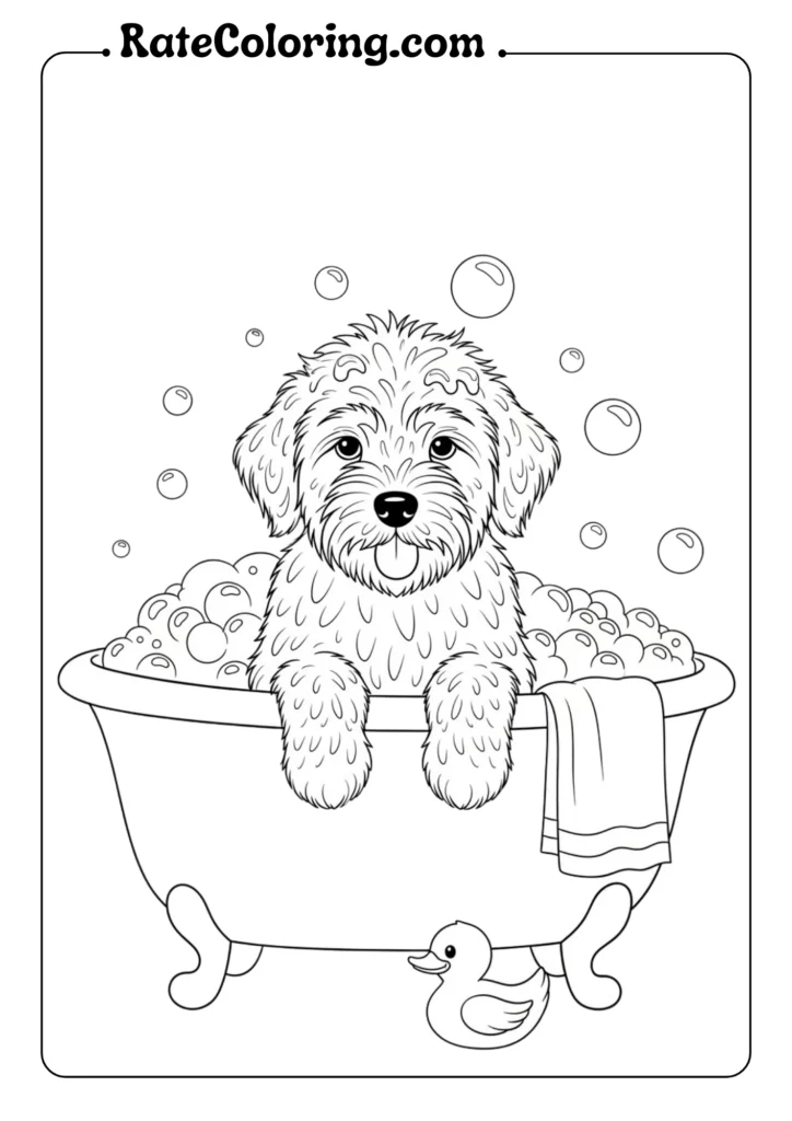A cheerful puppy splashing in a bathtub, perfect for a creative coloring page.