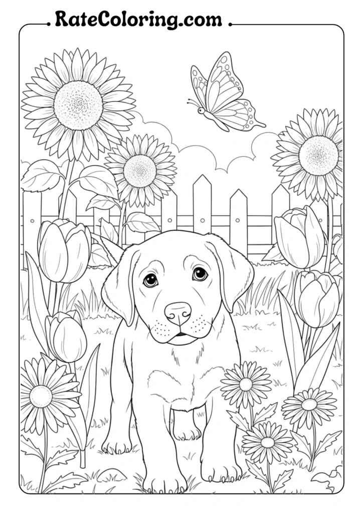 A coloring page featuring a playful puppy in a vibrant garden setting, ready for creative coloring fun.