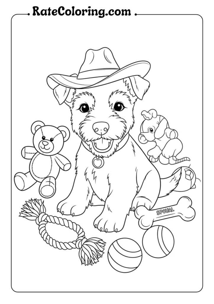 A cute puppy coloring page showcasing a dog with colorful toys around it.