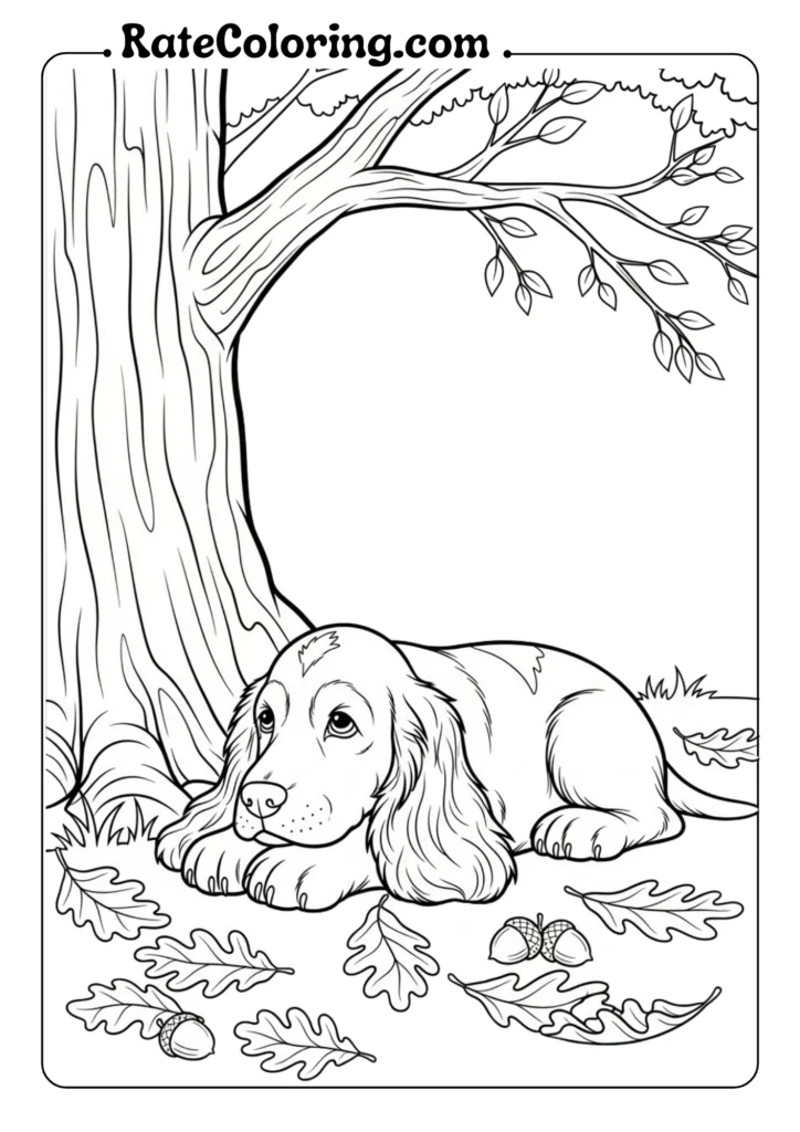 A puppy coloring page featuring a dog relaxing under a tree, inviting creativity and fun for all ages.