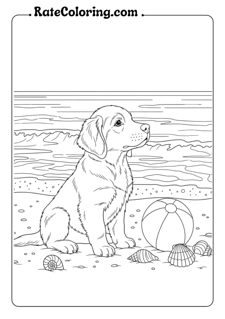 A cute puppy coloring page showing a dog happily playing with a ball, perfect for kids to color and enjoy.