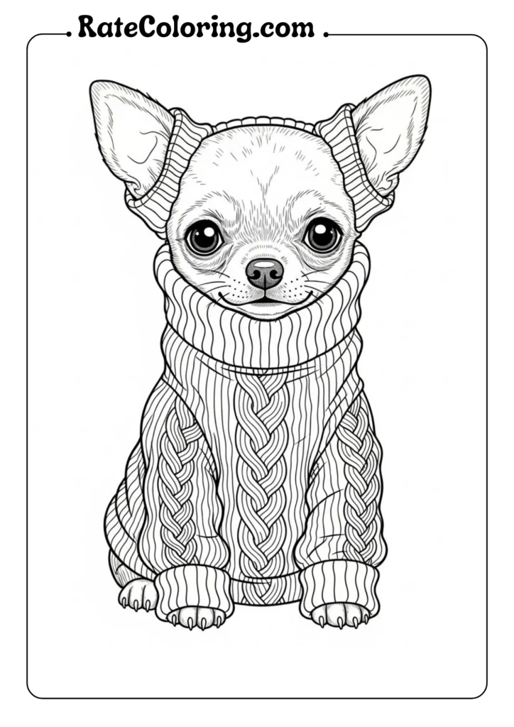 A chihuahua puppy wearing a cozy sweater, illustrated on a fun coloring page for kids.