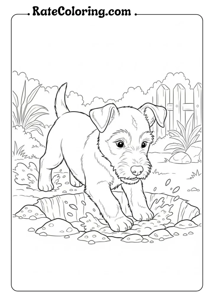 A cute puppy joyfully playing in the mud, illustrated as a fun coloring page for children.
