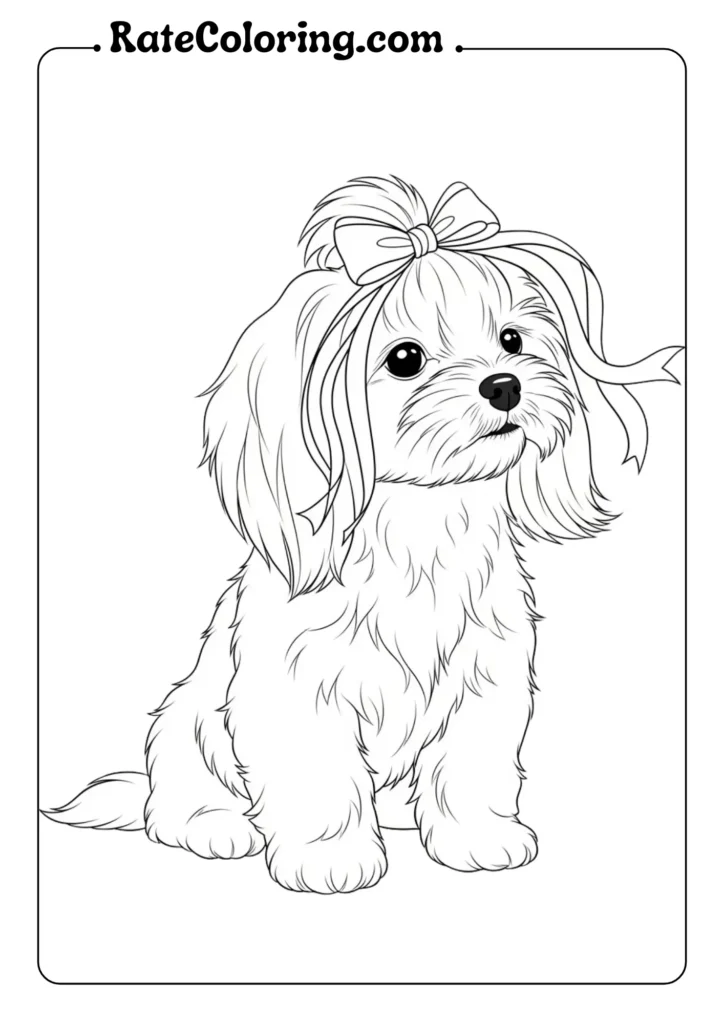 A charming puppy coloring page with a bow, perfect for kids to enjoy coloring and unleash their imagination.