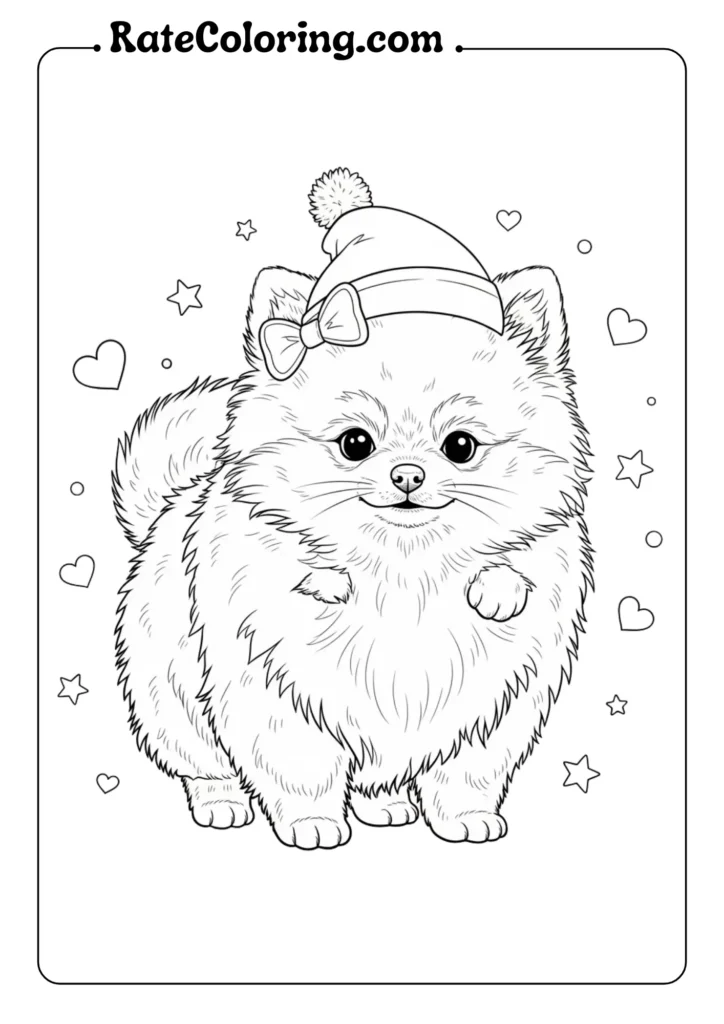 An adorable Pomeranian puppy coloring page, inviting creativity with its cute and fluffy features.