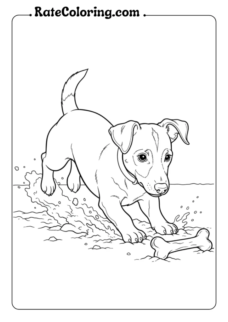 A cheerful dog dashing with a bone, featured in a delightful puppy coloring page.