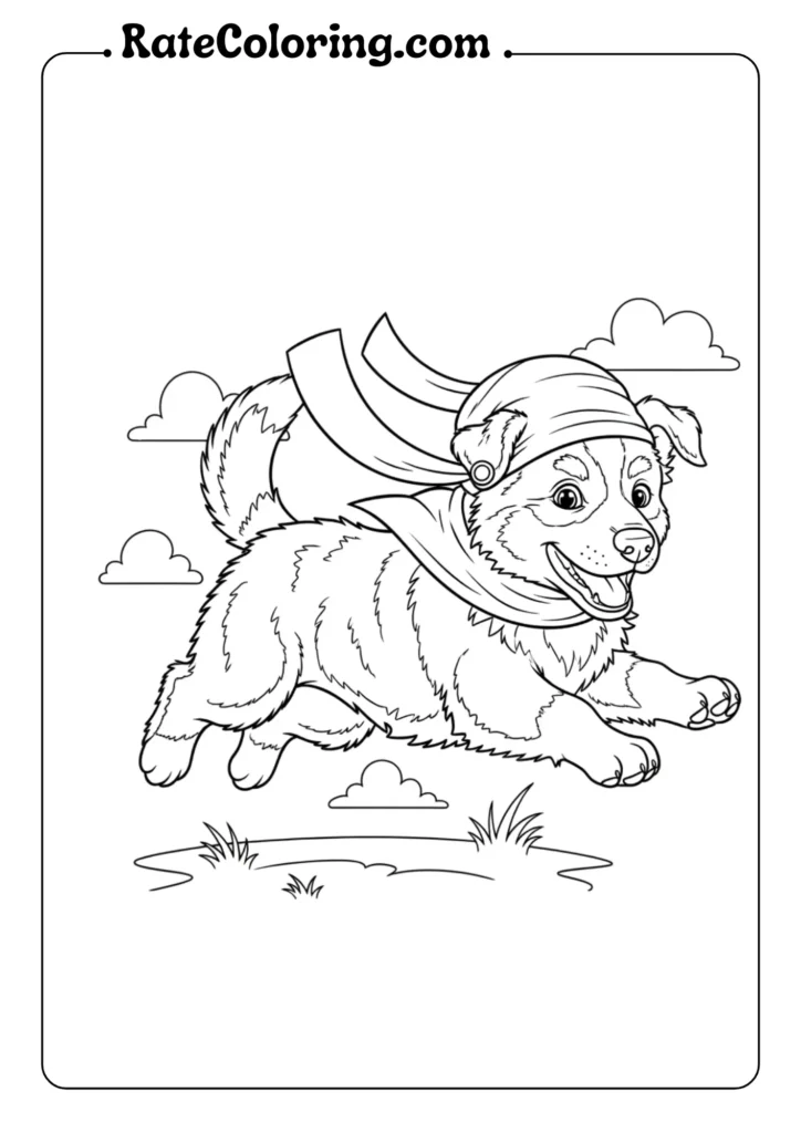 A fun dog coloring page depicting a puppy flying high in the air with excitement.