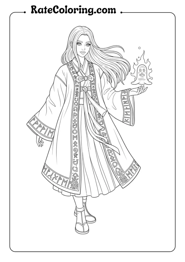 A K-pop demon hunters coloring page showing a girl wearing a robe, ready for coloring fun.