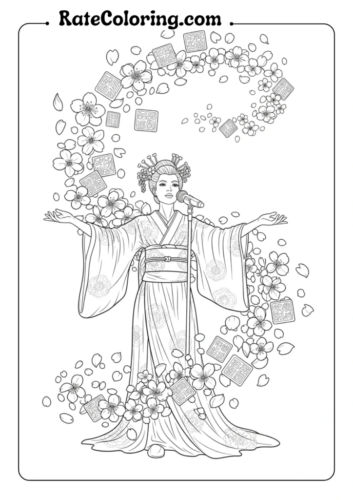 A Japanese woman kpop demon hunters coloring pages dressed in a vibrant kimono proudly holds a flower, embodying elegance and cultural heritage.