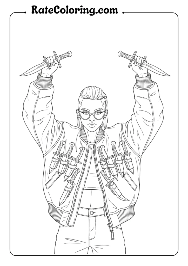 A K-pop demon hunter coloring page showing a man confidently holding two knives.
