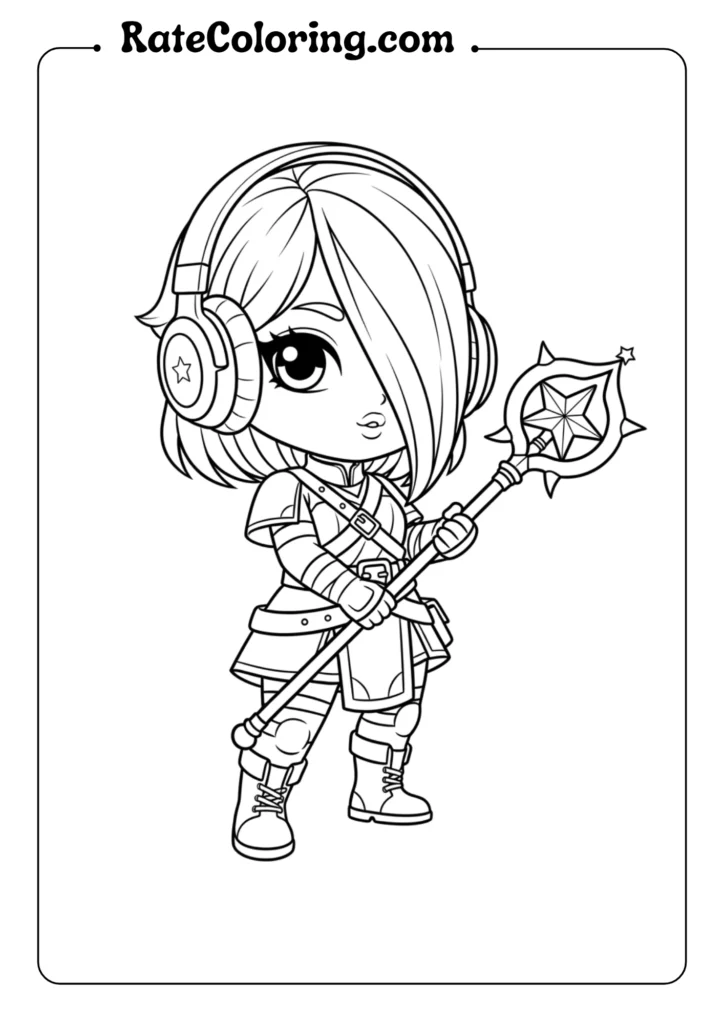 A coloring page showing a girl holding a staff, part of a K-pop demon hunters series.