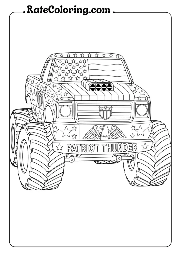 A coloring page featuring a monster truck decorated with the American flag, ready for creative coloring fun.