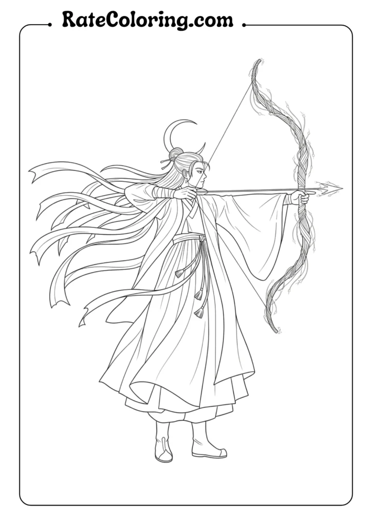 A K-pop demon hunter coloring page showing a woman confidently holding a bow.