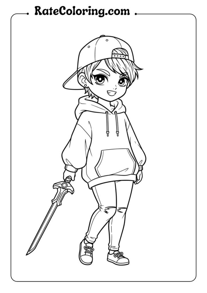 A coloring page of a girl wielding a sword, themed around K-pop demon hunters.