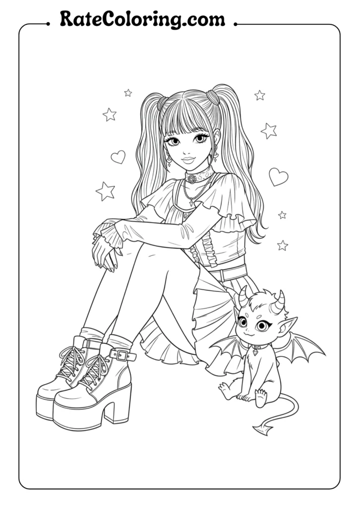 A coloring page featuring a girl with her dragon, inspired by K-pop demon hunters.