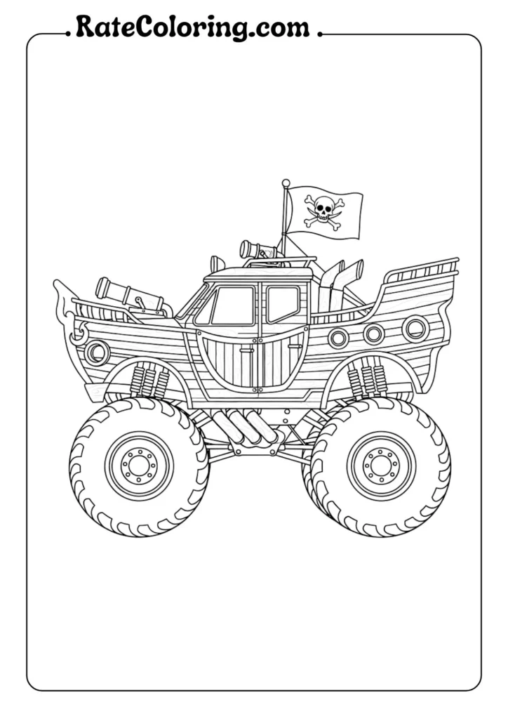 monster truck color pages of a pirate ship monster truck with large wheels, a skull and crossbones flag, and cannons, suitable for kids' coloring activities.