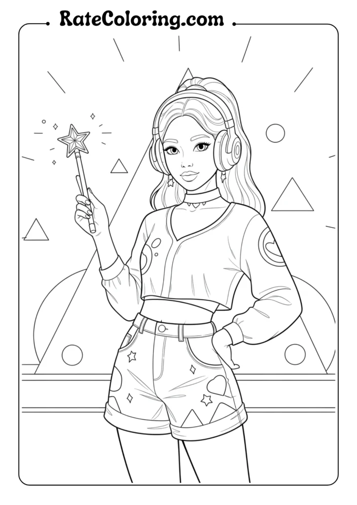 A girl holding a wand and a star, featured in a K-pop demon hunters coloring page.