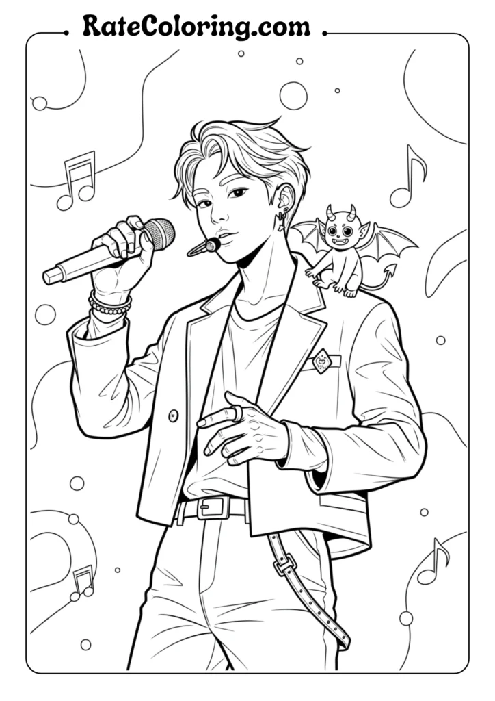 Adult coloring pages featuring BTS as K-pop demon hunters, showcasing intricate designs and vibrant themes