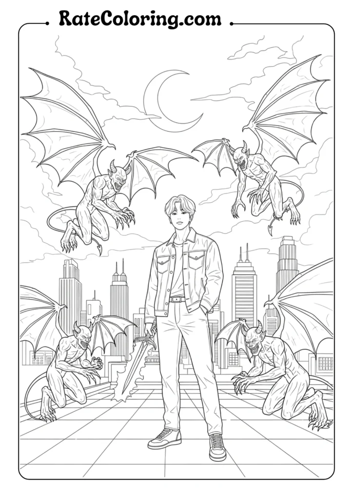 A K-pop demon hunters coloring page showing a man poised in front of a large, menacing dragon ready to battle.