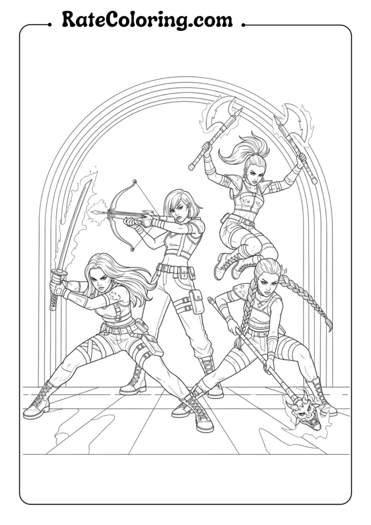 Fun coloring pages of K-pop demon hunters wielding swords and arrows, perfect for girls who love adventure.