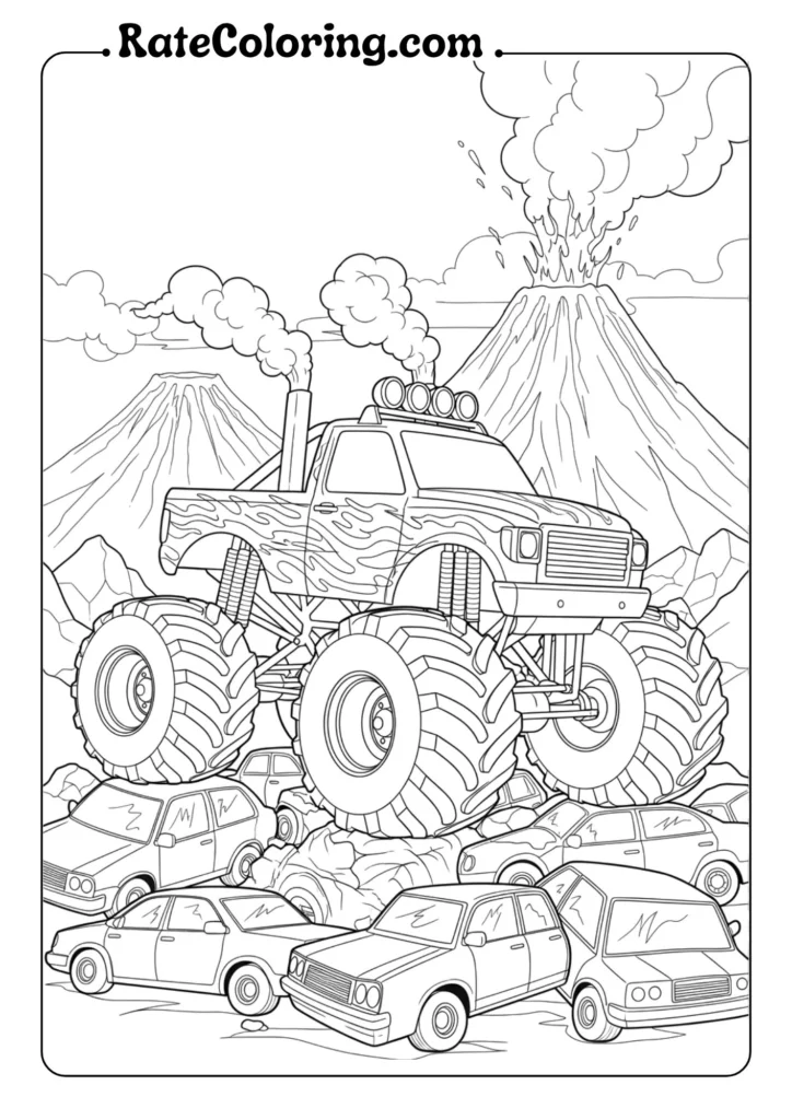 Engaging monster truck coloring pages for kids, filled with dynamic truck illustrations ready for colorful creativity.